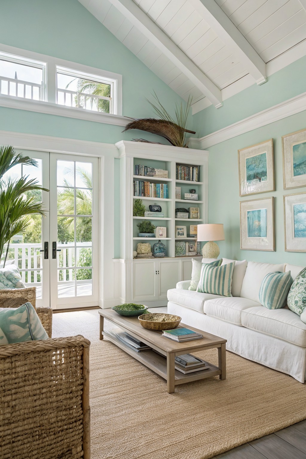 Living room with soft blue-green walls, white sofa, rattan chairs, and coastal decor opening to a porch with palm trees