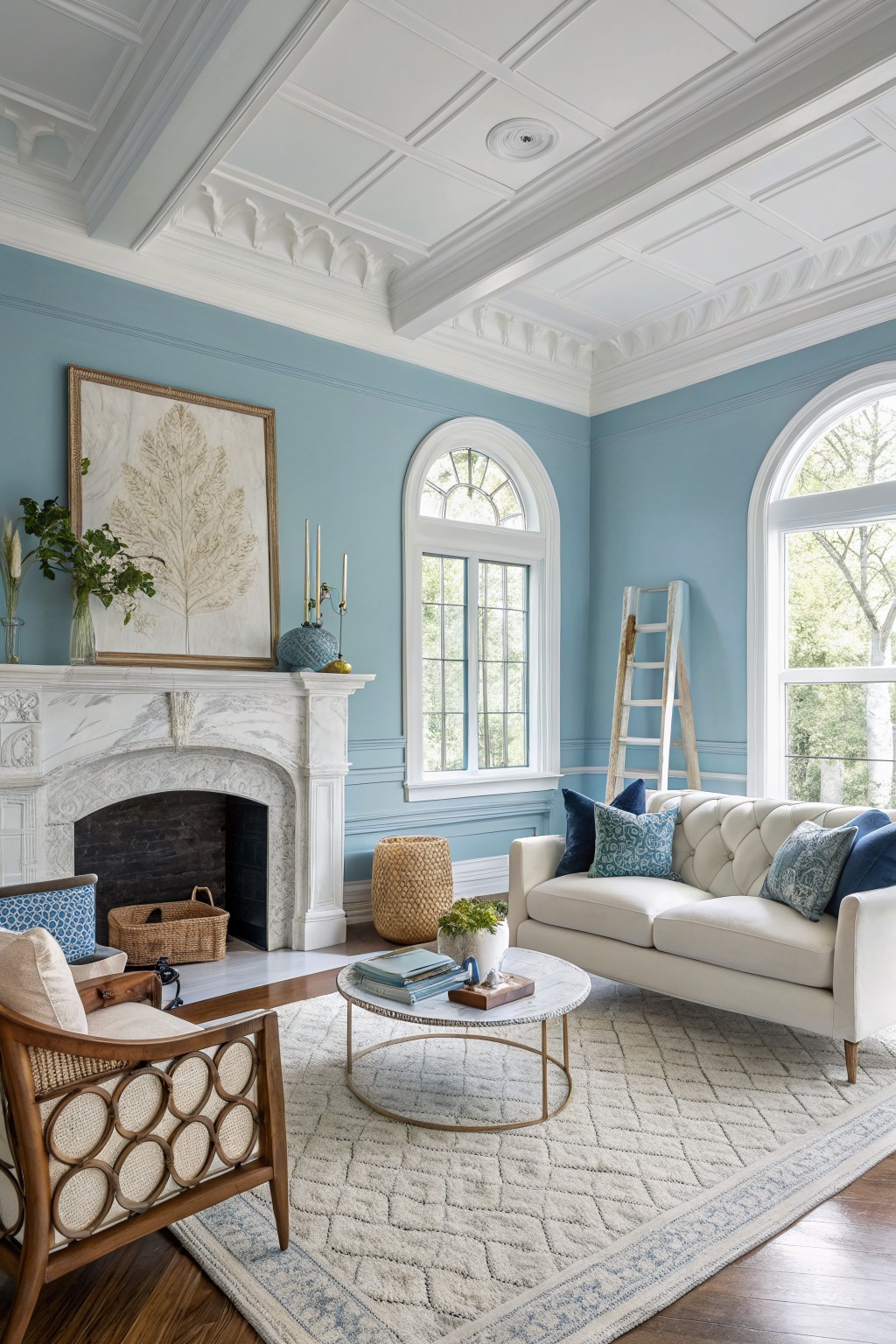 Living room with pale blue walls, white sofa, rattan chair, marble fireplace, and arched windows overlooking trees
