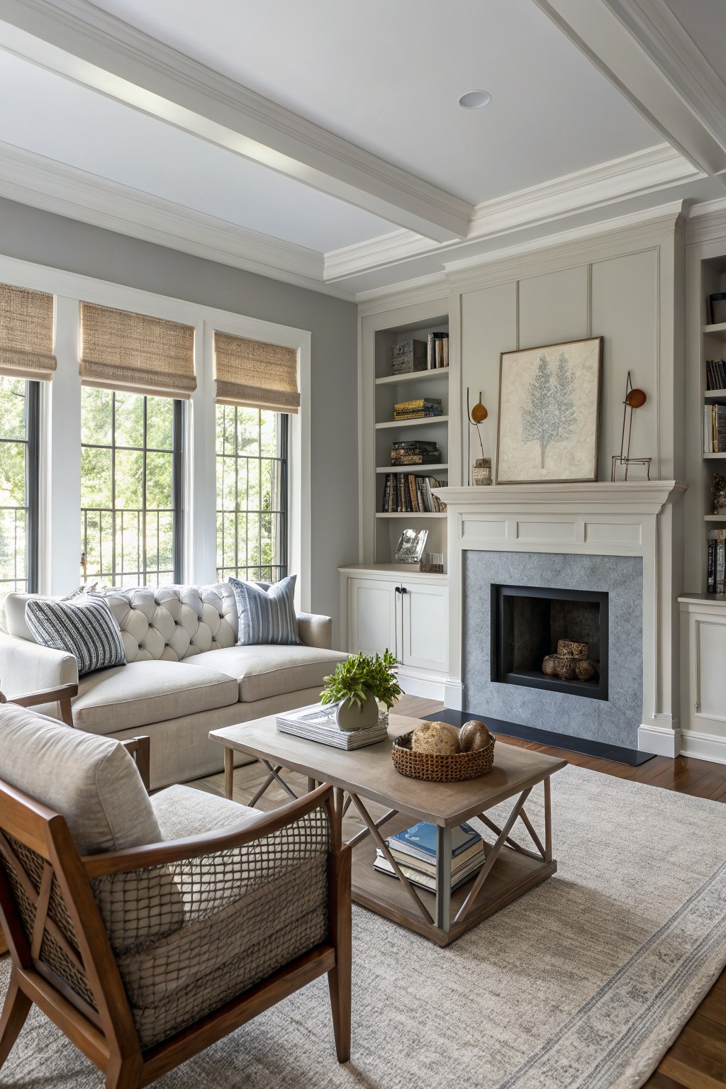 Living room with soft greige walls, white woodwork, tufted sofa, rattan chair, low coffee table, and stone fireplace surrounded by built-in bookshelves