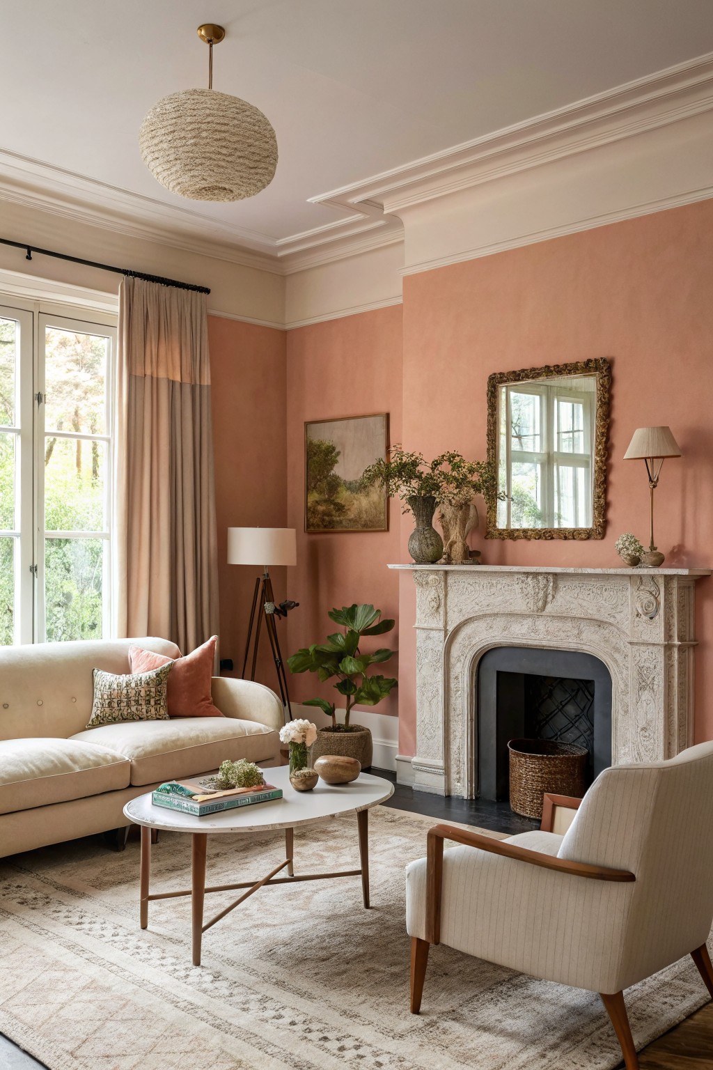 Living room with soft peach walls, cream sofa, wood coffee table, ornate stone fireplace, potted plants, and large windows with sheer curtains