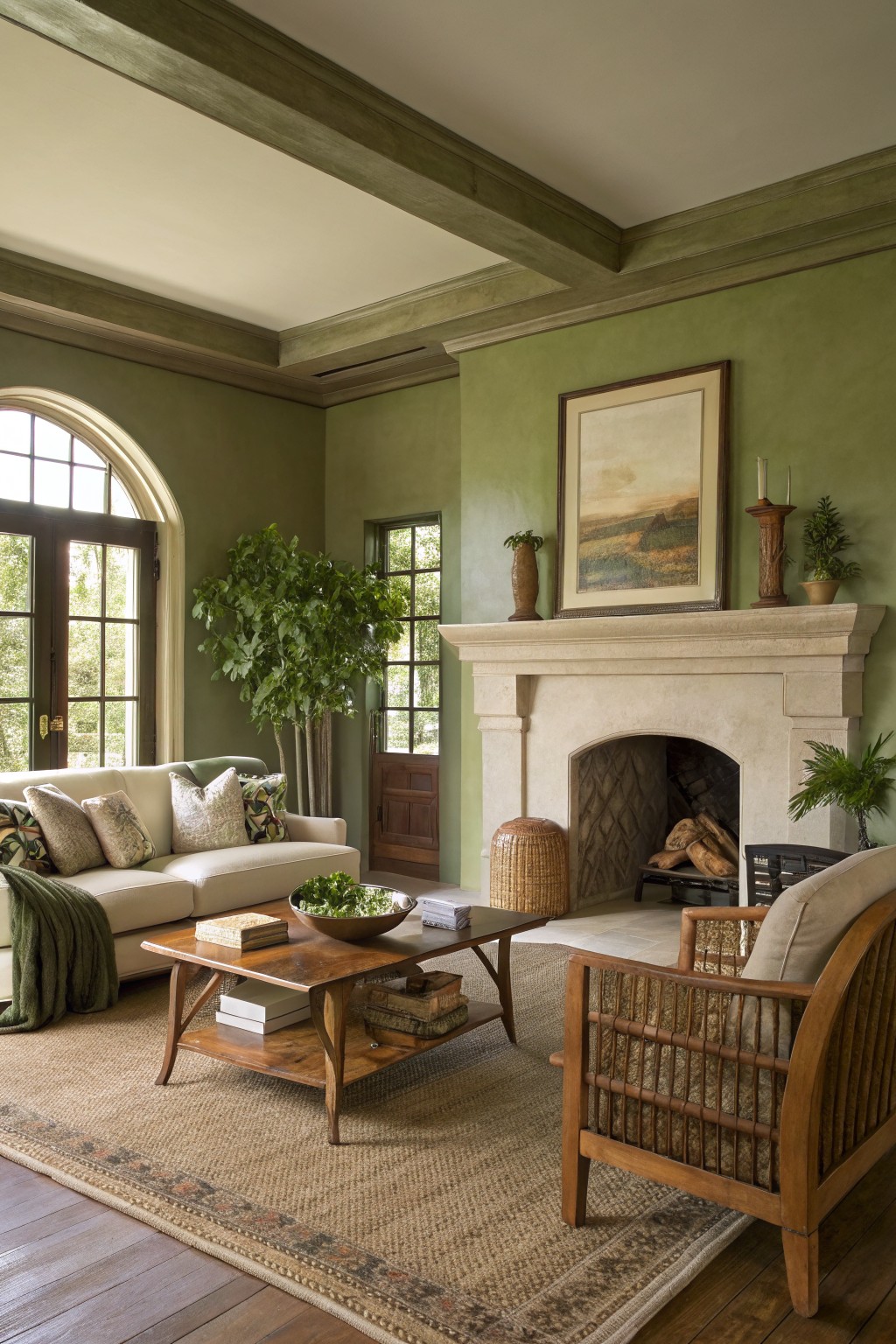 Cozy living room featuring soft sage green walls, a stone fireplace, wood-beamed ceiling, neutral sofa, and potted plants