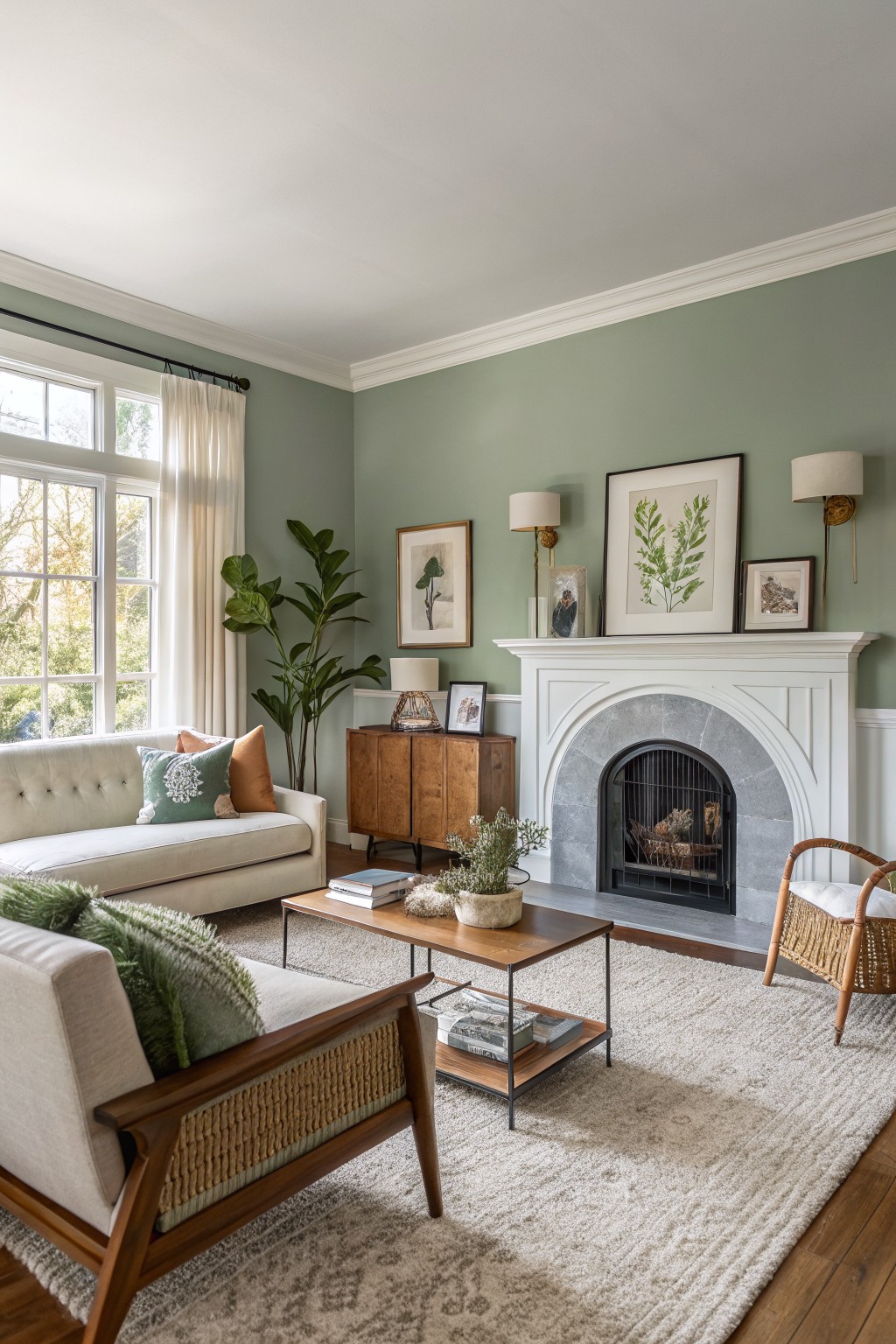Cozy living room featuring soft sage green walls, a white sofa with green pillows, rattan chairs, wooden coffee table, and white fireplace mantel with botanical art.