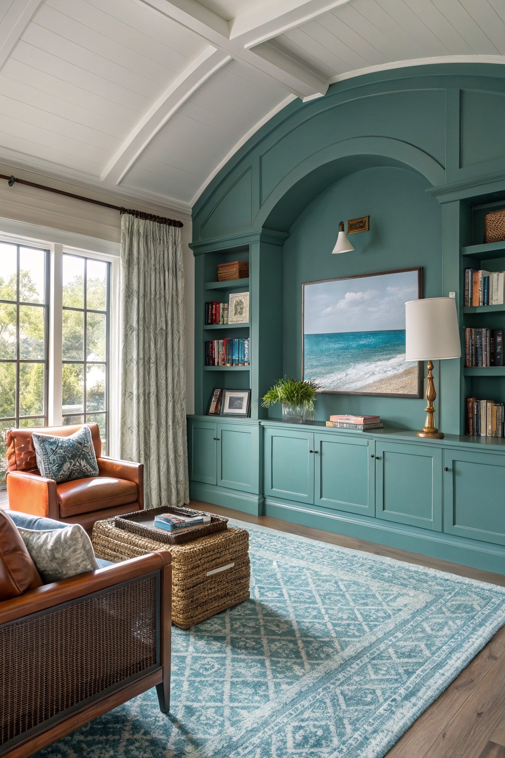 Living room with soft teal built-in cabinets and bookcases, orange leather armchair, blue-green rug, and ocean painting
