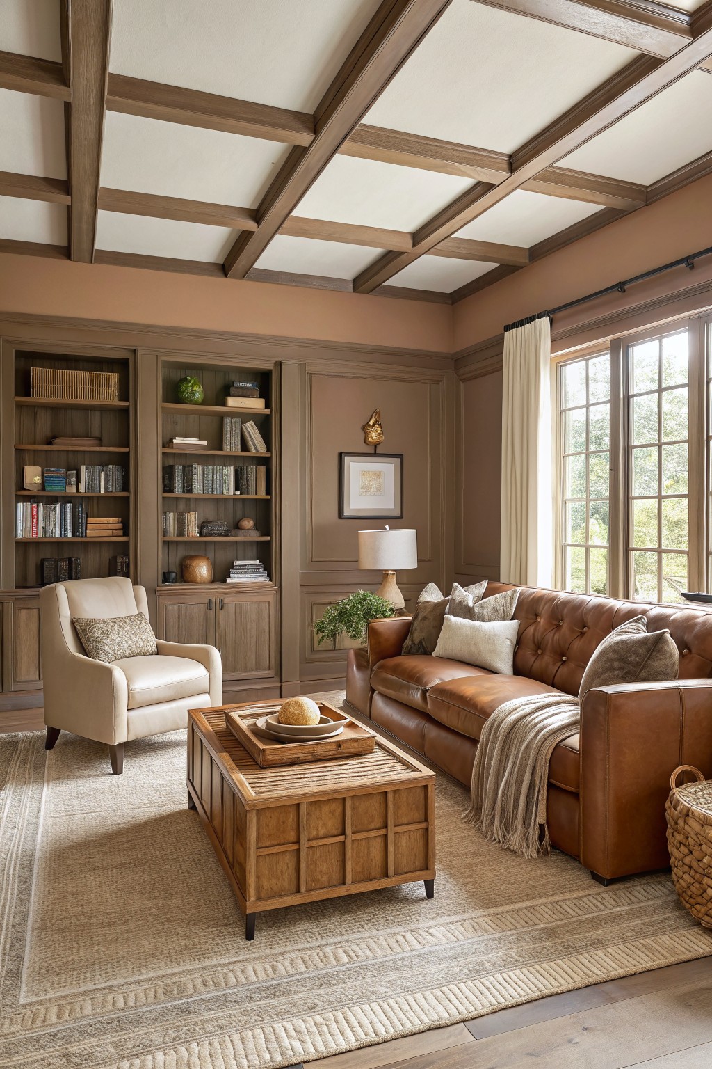 Cozy living room with warm greige paneled walls, leather sofa, wood coffee table, bookshelves, and large windows letting in soft light
