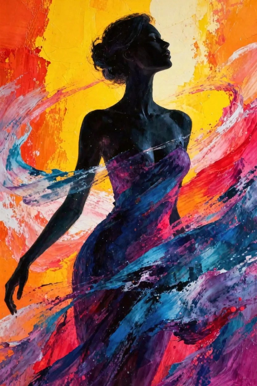 Black silhouetted woman in profile with flowing dress against swirling orange, yellow, red, blue, and purple abstract background.