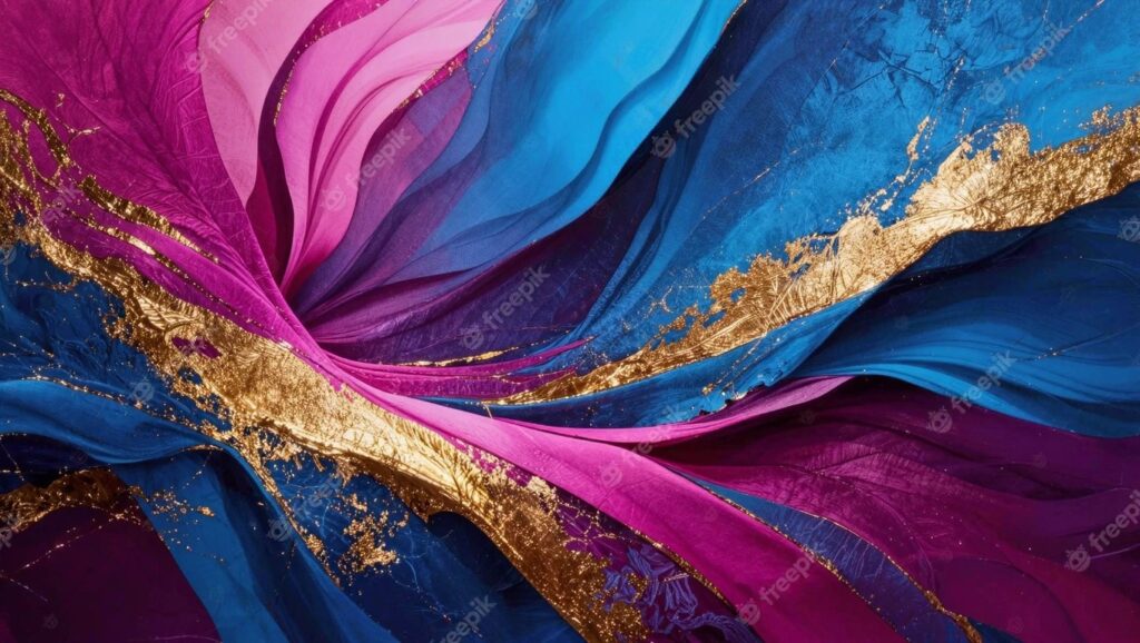 19 Large Canvas Acrylic Painting Ideas To Dramatically Transform Walls Abstract fluid painting in magenta, purple, deep blue, and metallic gold with swirling shapes and crackled gold veins.