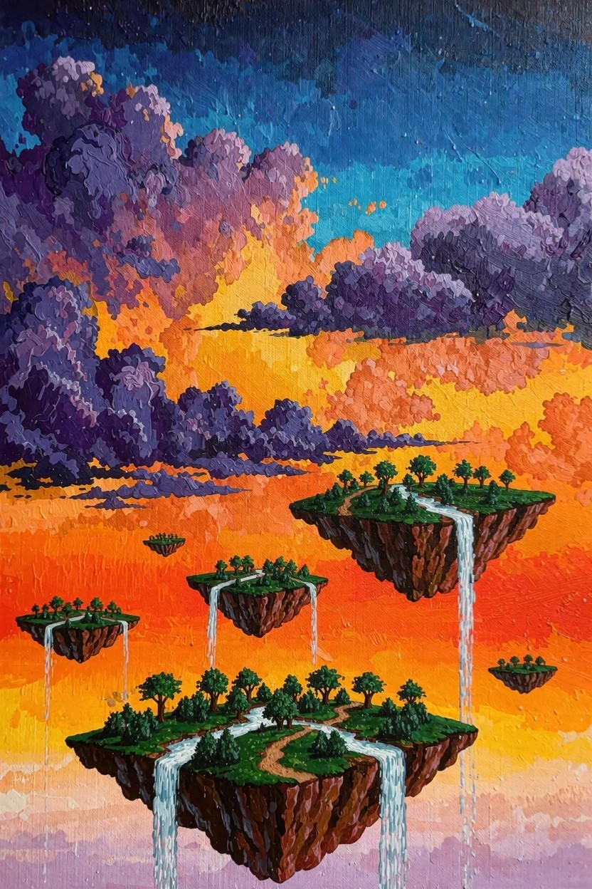 Vibrant painting of green floating islands with trees and waterfalls suspended in a purple-to-orange sunset sky with layered clouds.