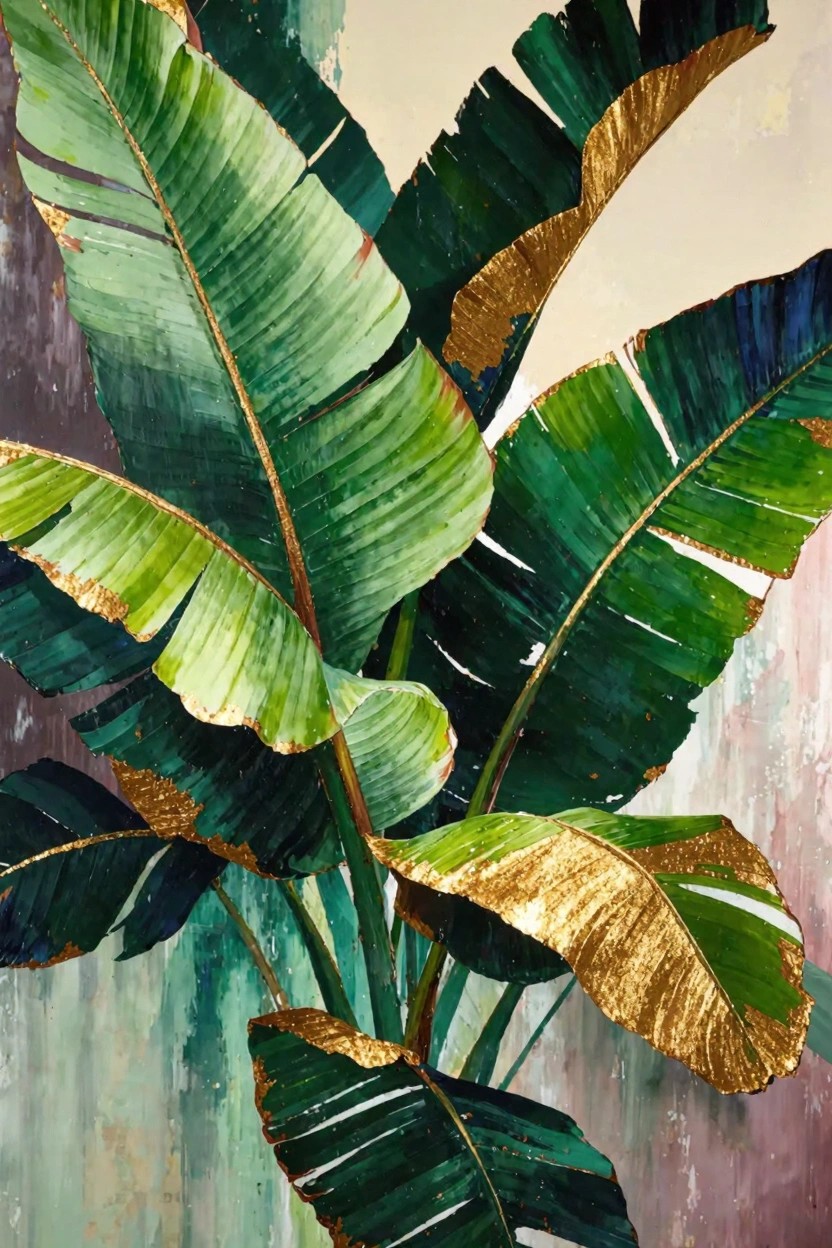 Acrylic painting of large overlapping green banana leaves with gold edges on a textured beige background.