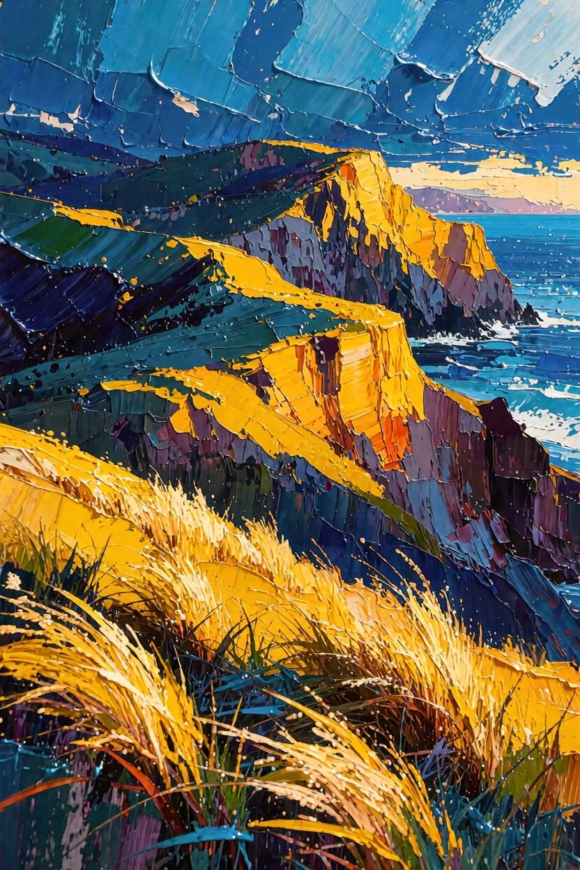 Impasto acrylic painting of golden grasses in foreground, layered orange-yellow cliffs, blue ocean waves, and stormy sky.