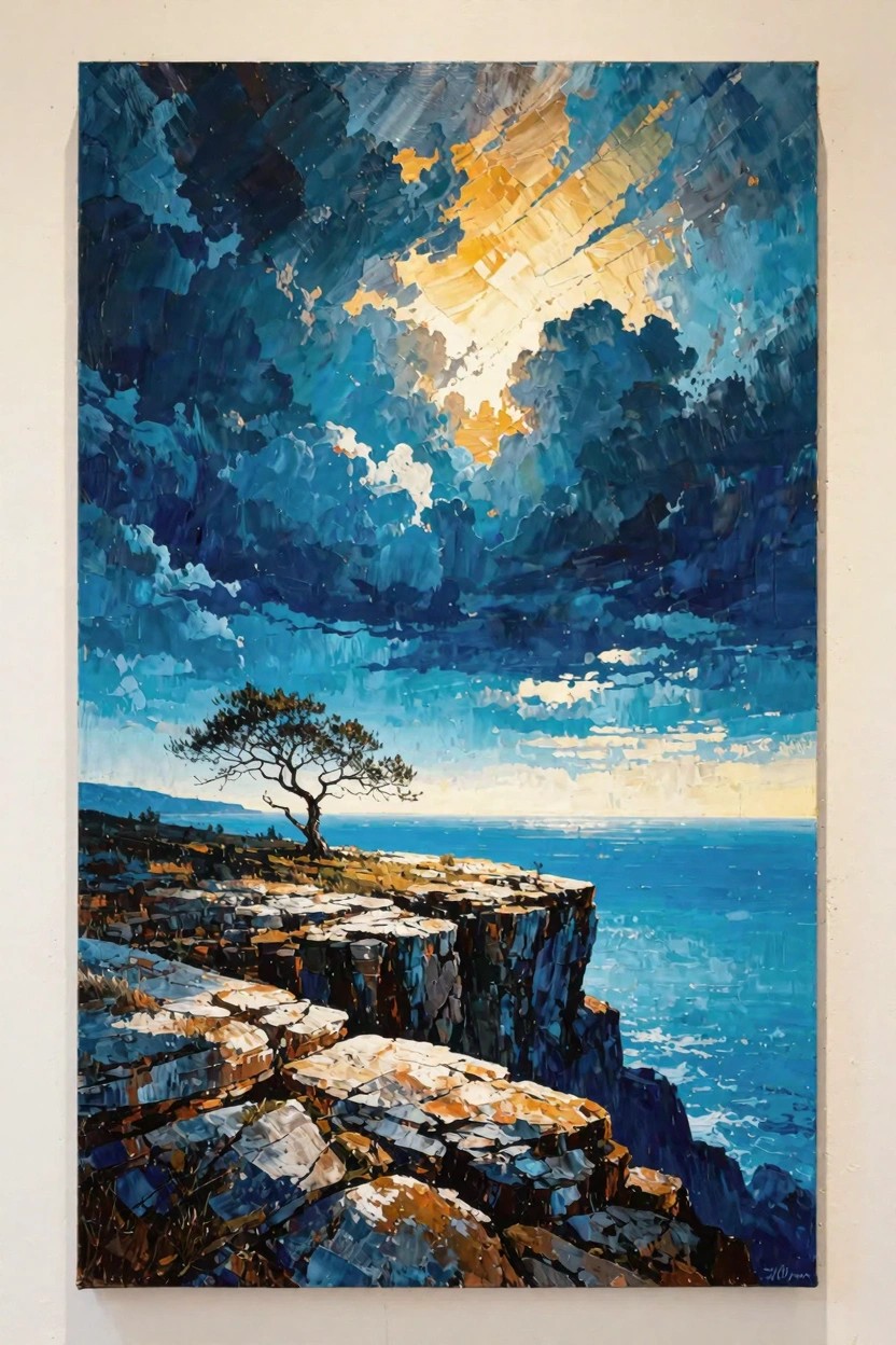 Acrylic painting of a solitary tree on a rocky ocean cliff under dark blue clouds with golden sunlight rays breaking through.