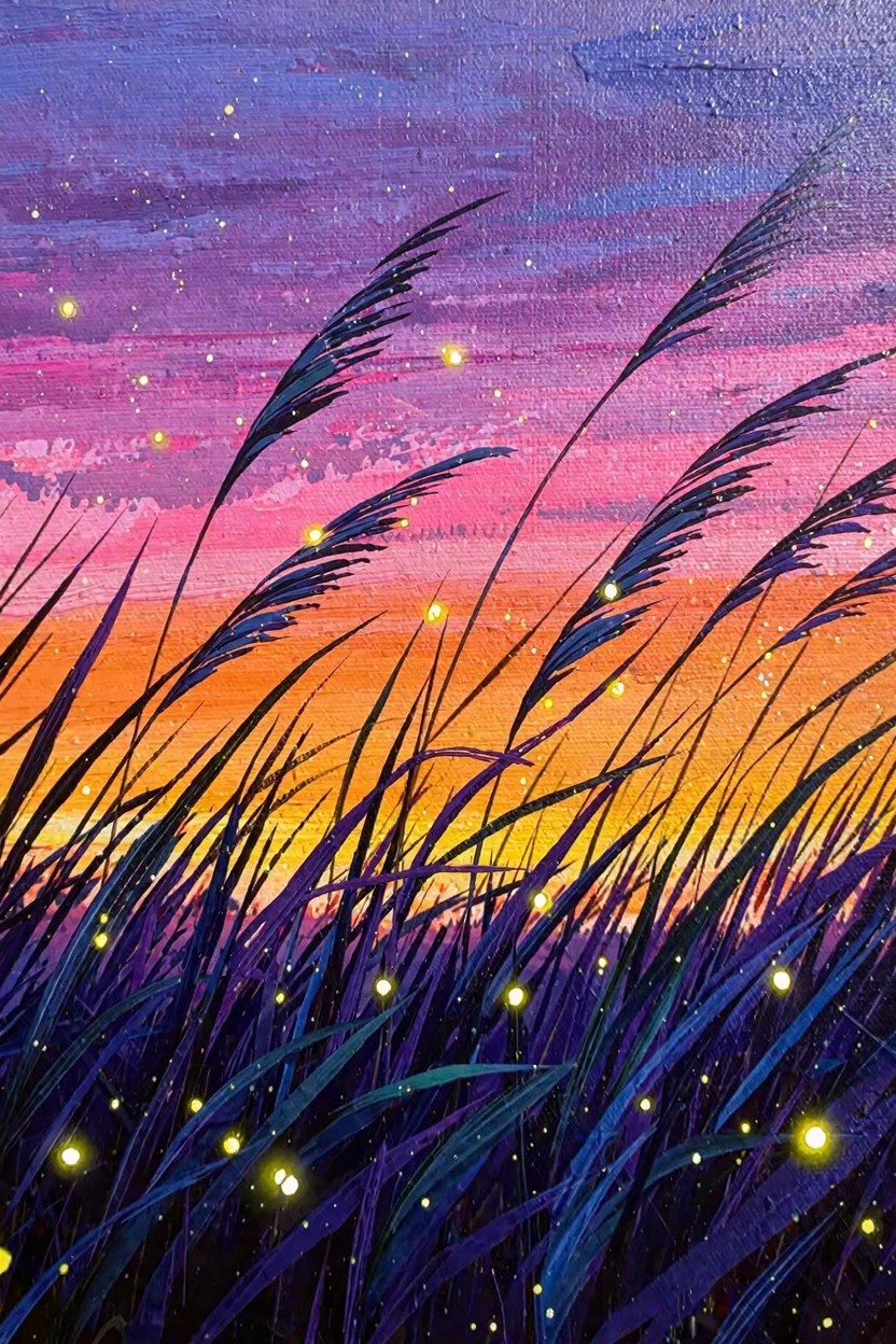 Acrylic painting of tall dark reeds in a field against a purple-to-orange sunset sky with scattered yellow firefly lights and faint stars.