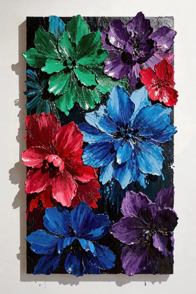 Vertical painting of clustered oversized flowers in thick green, purple, blue, and red paint against black background.