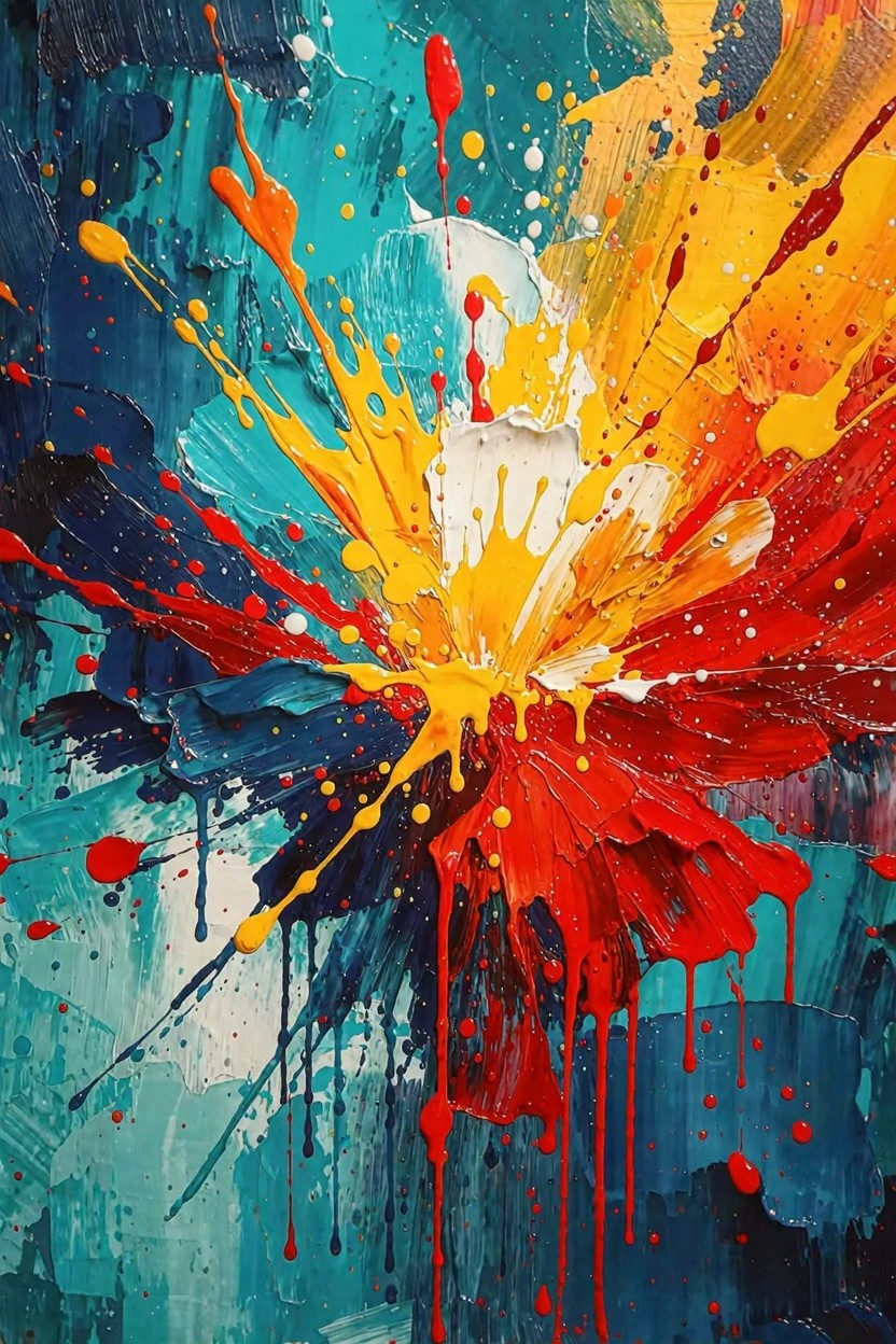 Abstract acrylic painting featuring a central yellow-white burst surrounded by red-orange splatters and drips on a blue-green background.