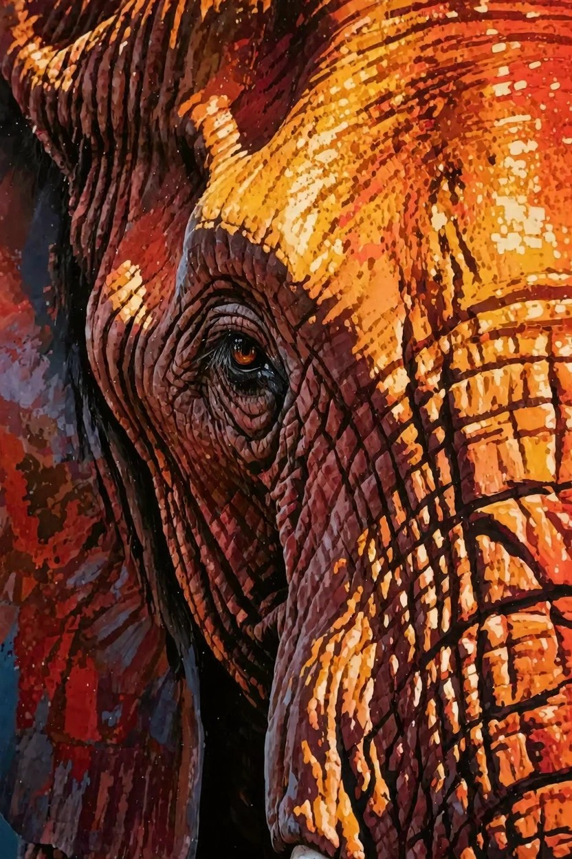 Close-up acrylic painting of an elephant's head and eye in orange, red, and yellow tones with textured brushstrokes.