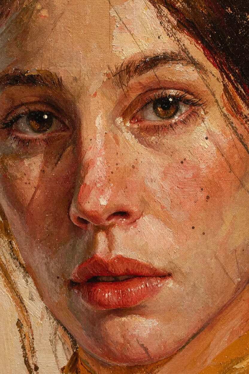 Oil painting close-up of a woman's freckled face with hazel eyes, red lips, and textured brushwork.