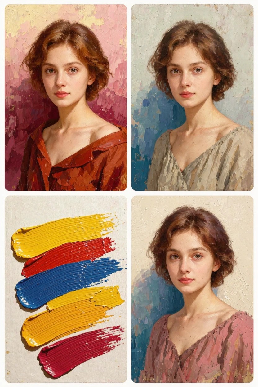 Collage of three oil portraits of a woman with short reddish-brown hair in different colorful backgrounds and outfits, plus swatches of yellow, red, blue, and magenta paint.