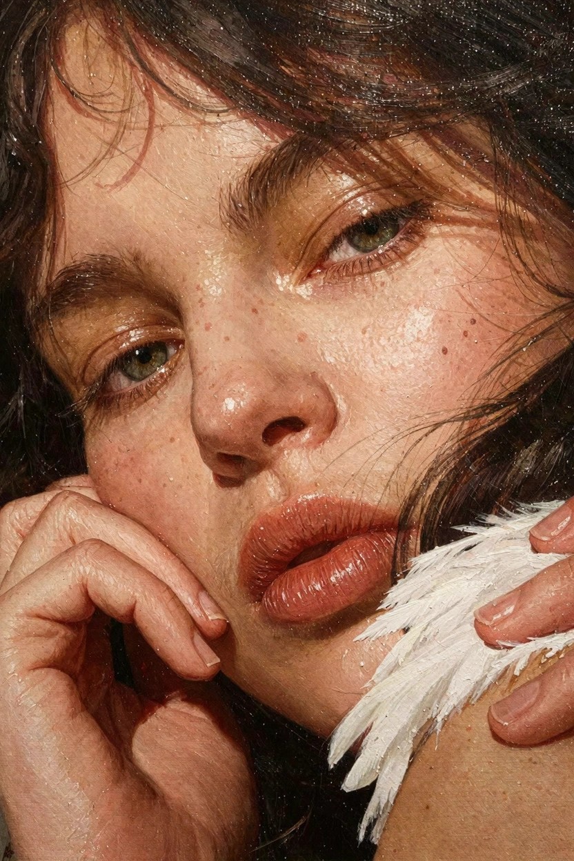 Close-up oil painting of a young woman's freckled face with green eyes, glossy lips, holding a white feather near her mouth.