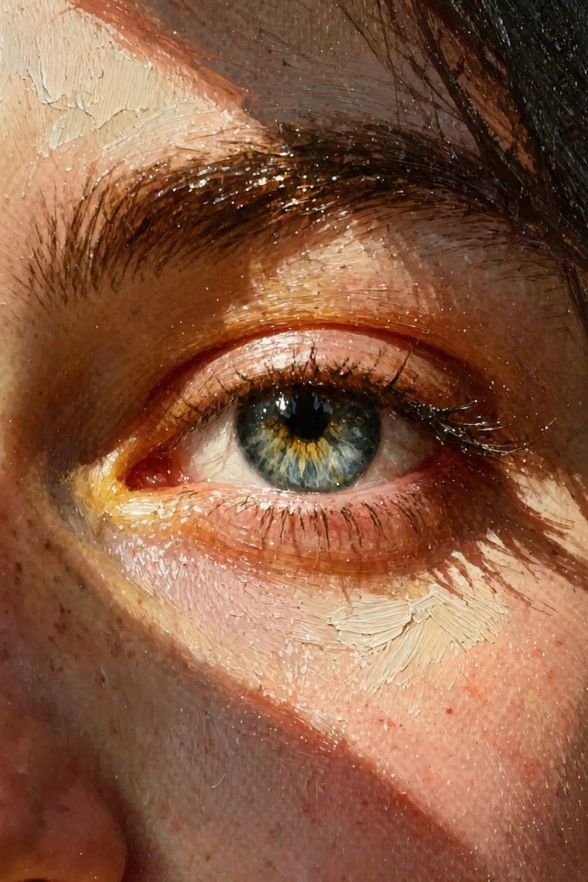 Oil painting close-up of a woman's blue-green eye with dramatic shadows, textured skin, and detailed iris.