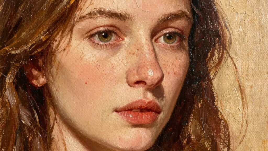18 Must Have Oil Painting Supplies For Beginners For A Stress Free Setup Close-up oil portrait of a woman's face with green eyes, freckles, textured skin, and red lips.