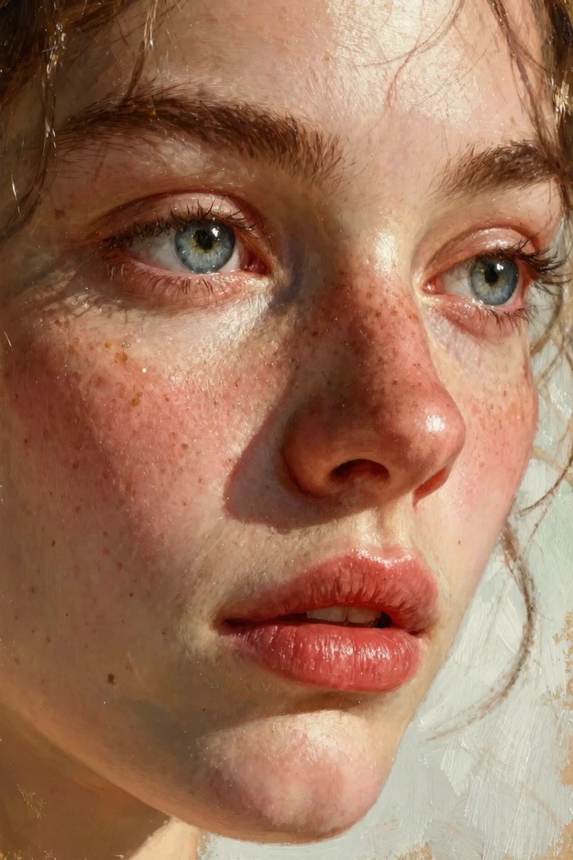 Close-up oil painting of a young woman's freckled face with blue eyes, pink cheeks, and curly auburn hair in soft light.