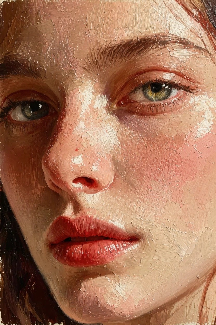 Close-up oil portrait of a woman's face with green eyes, freckles, textured skin, and red lips.