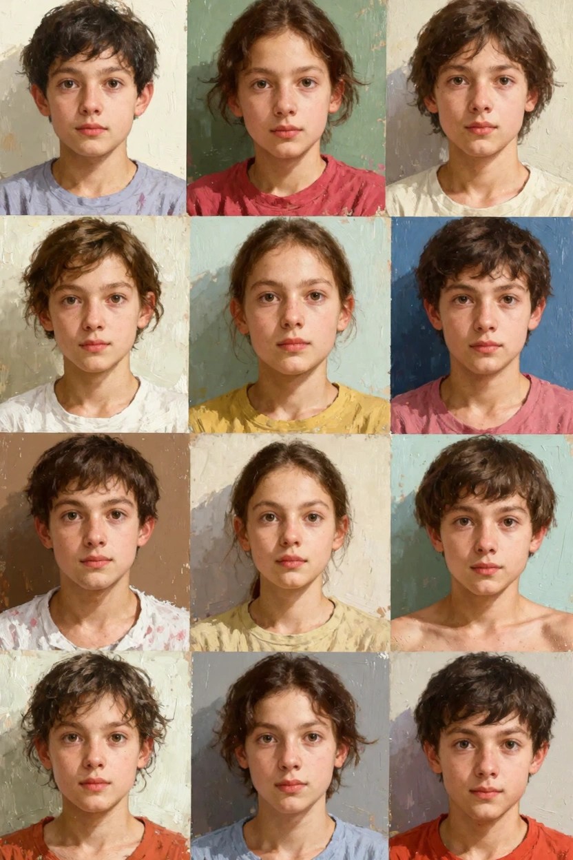 Grid of twelve oil portraits of young children with similar dark curly hair, large eyes, and neutral expressions, wearing colorful t-shirts against textured colored walls.