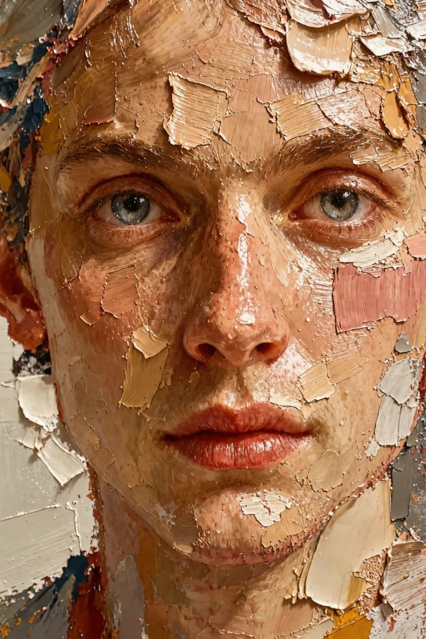 Oil painting close-up of a woman's textured face built from thick impasto layers in flesh tones, whites, and accents.