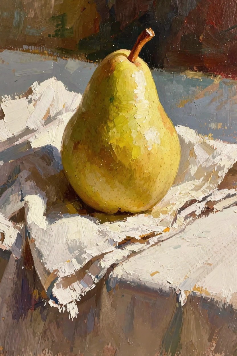 Oil painting of a yellow-green pear on white draped cloth under warm side lighting with textured brushwork and shadows.