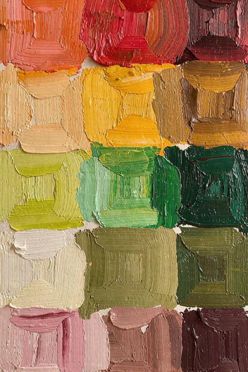 Grid of thickly textured oil paint rectangles in reds, oranges, yellows, greens, pinks, and maroons arranged in color families on white canvas.