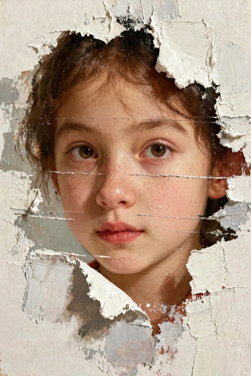 Oil painting of a girl's detailed face with brown hair and eyes emerging from thick, cracked white plaster.
