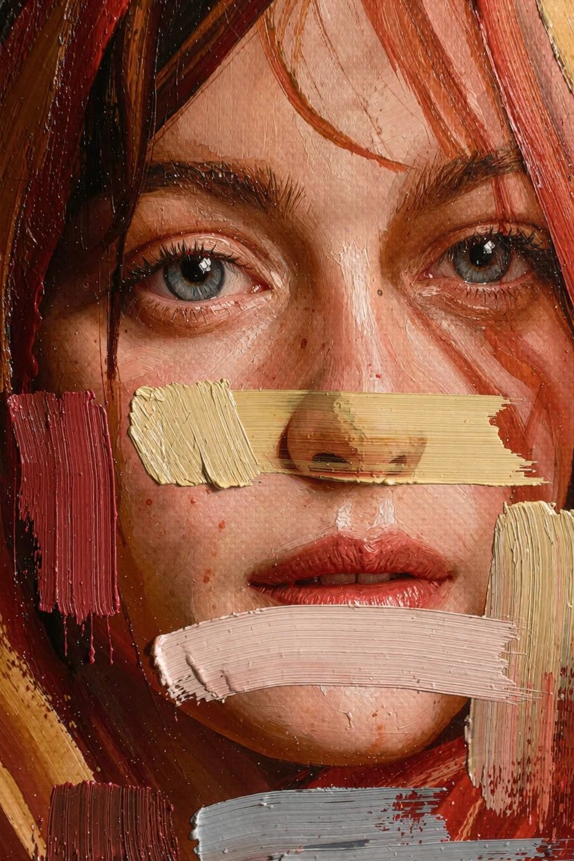Oil painting close-up of a red-haired woman's face partially covered by thick strokes of yellow, red, pink, and gray paint.