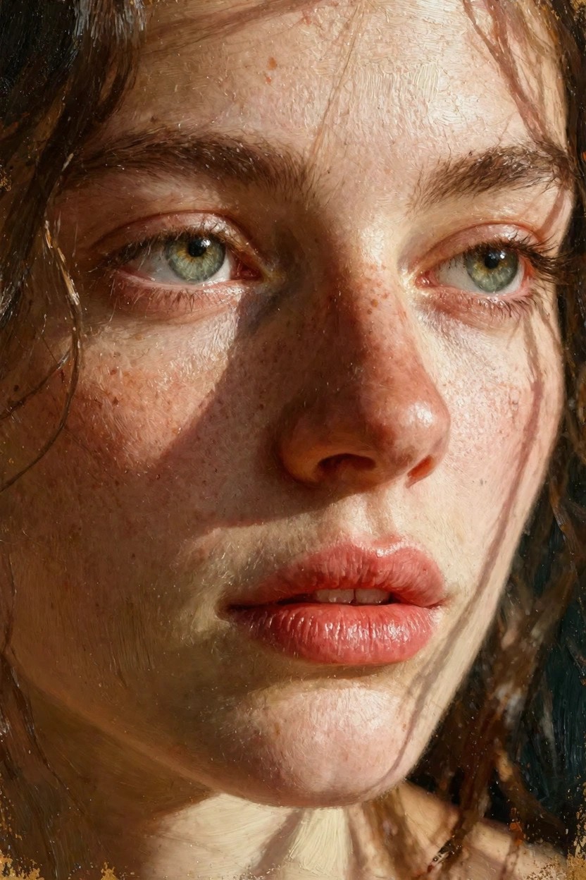Close-up oil painting of a young woman's freckled face with green eyes, wavy hair, and soft sunlight highlighting skin texture.