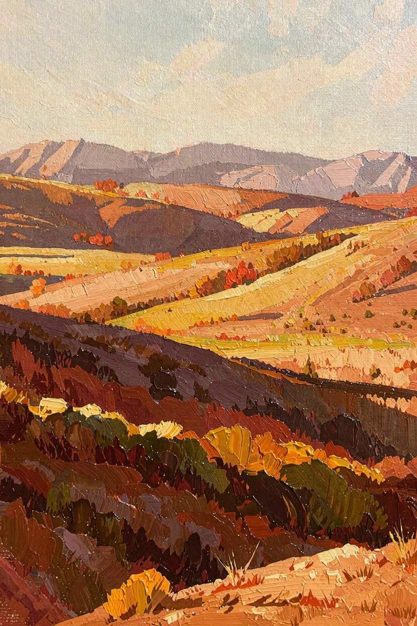 Oil painting of terraced autumn hills in oranges, yellows, and browns with distant mountains under a cloudy sky.