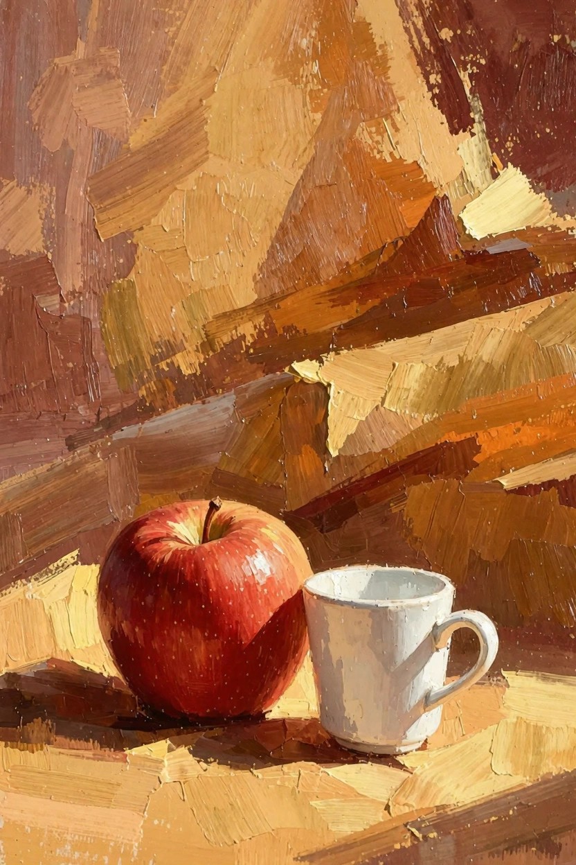 Oil painting featuring a red apple and white mug on a textured orange-brown background with dramatic lighting.