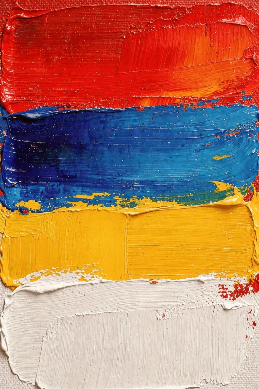 Abstract oil painting featuring stacked horizontal bands of red-orange, blue, yellow, and white paint in thick, textured impasto strokes.