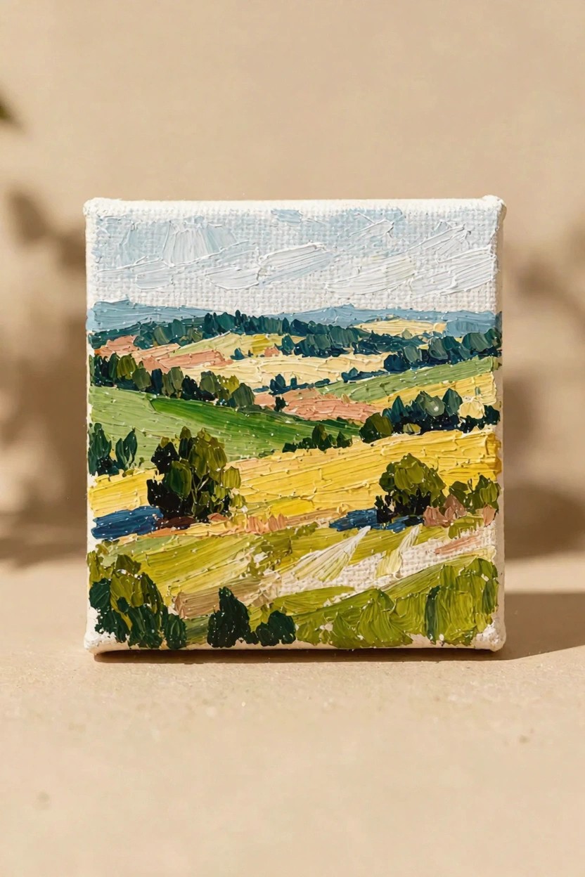 Square oil painting of rolling hills with green and yellow fields, dark tree clusters, a blue pond, and distant blue-gray mountains under a light blue sky with clouds.