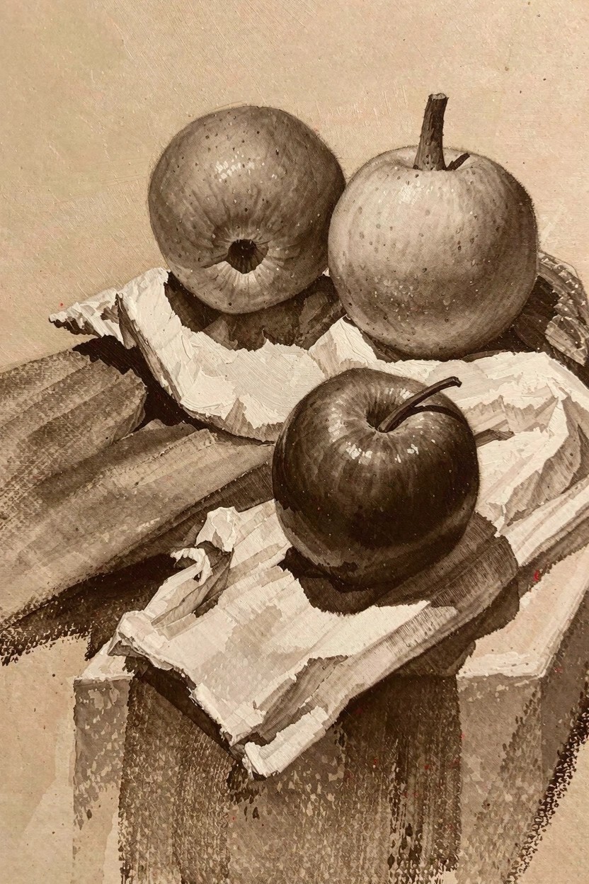 Sepia-toned still life of three textured apples on crumpled paper draped over wood.