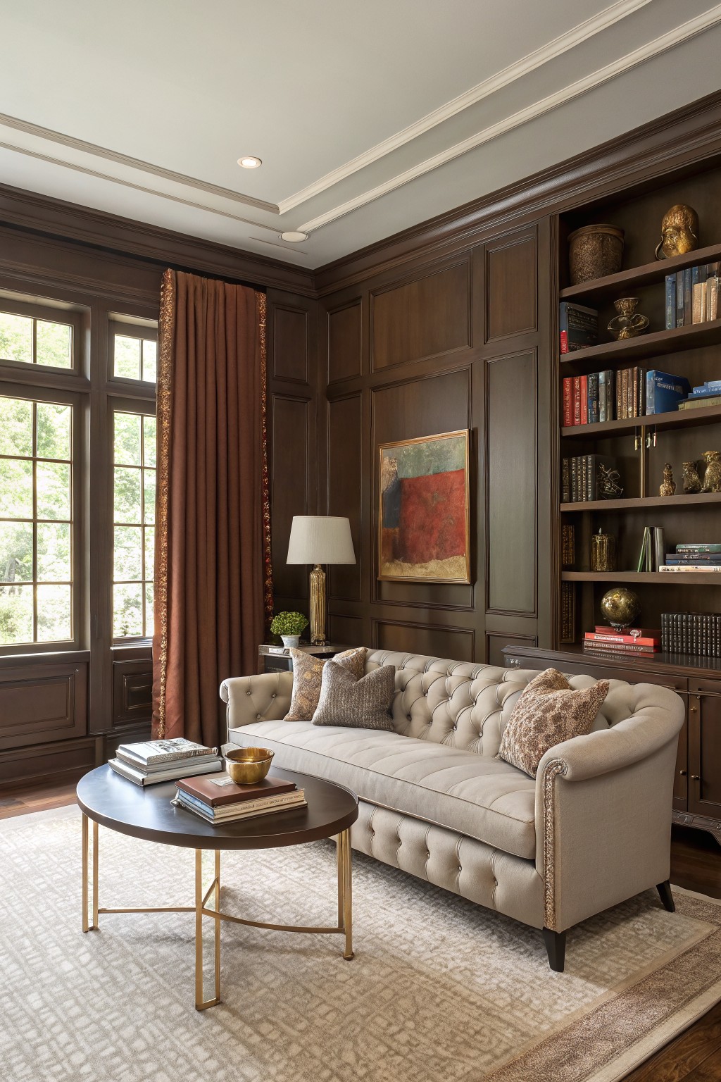 Cozy living room featuring deep warm brown paneled walls with built-in bookshelves, cream tufted sofa, gold-accented coffee table, and large window drapes