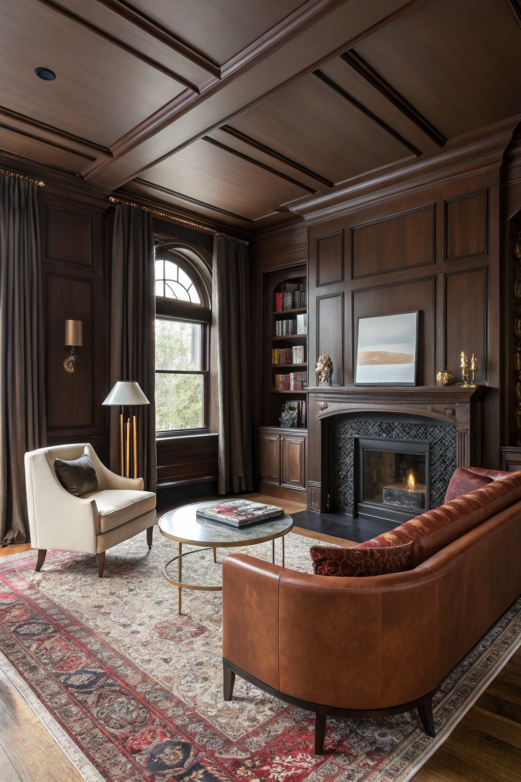 Cozy living room featuring deep warm brown paneled walls, tan leather sofa, gold-accented lamps, and a stone fireplace against a Persian rug