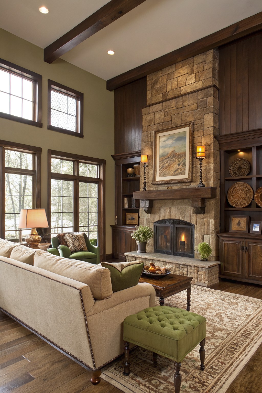 Cozy living room featuring muted sage green walls framing a stone fireplace, dark wood beams and cabinets, beige sofa, green armchair and ottoman on hardwood floors