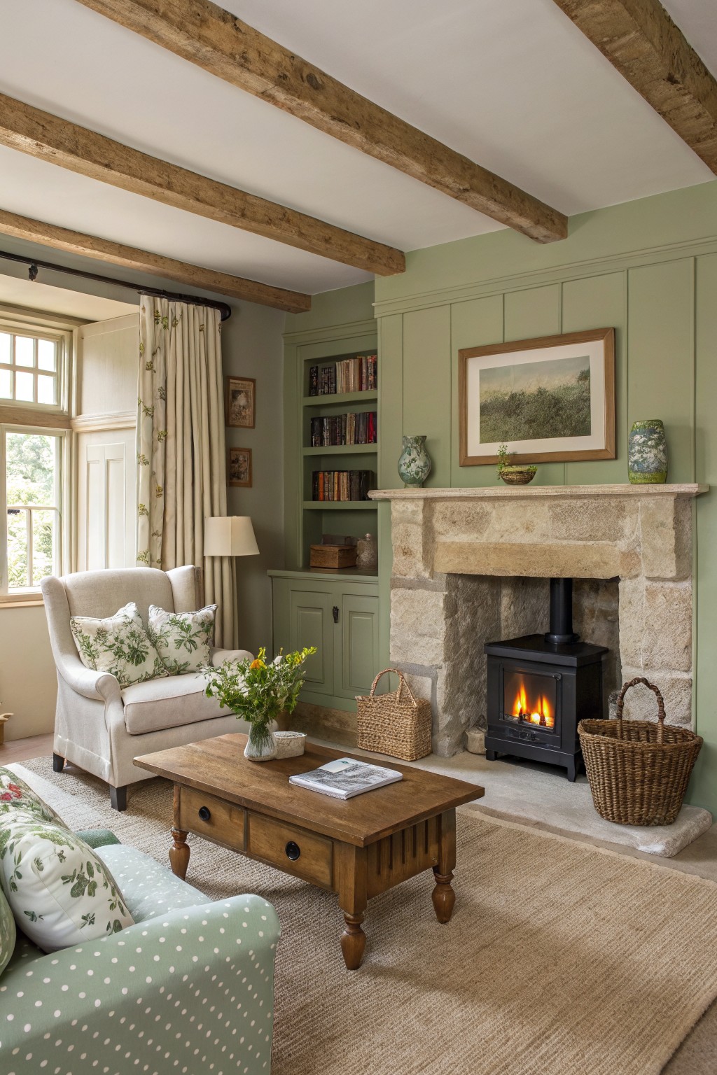 Living room with soft sage green paneled walls, exposed wood beams overhead, stone fireplace and wood stove, cream armchair and sofa with green floral pillows, wooden coffee table on jute rug