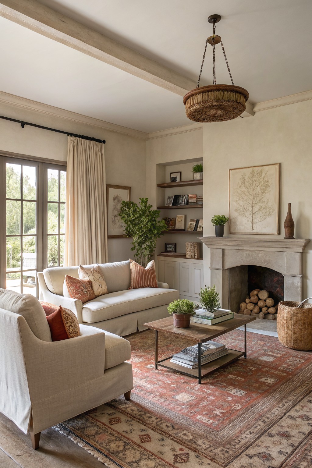 Living room with soft greige walls, cream slipcovered sofas, terracotta rug, wood beams, and stone fireplace