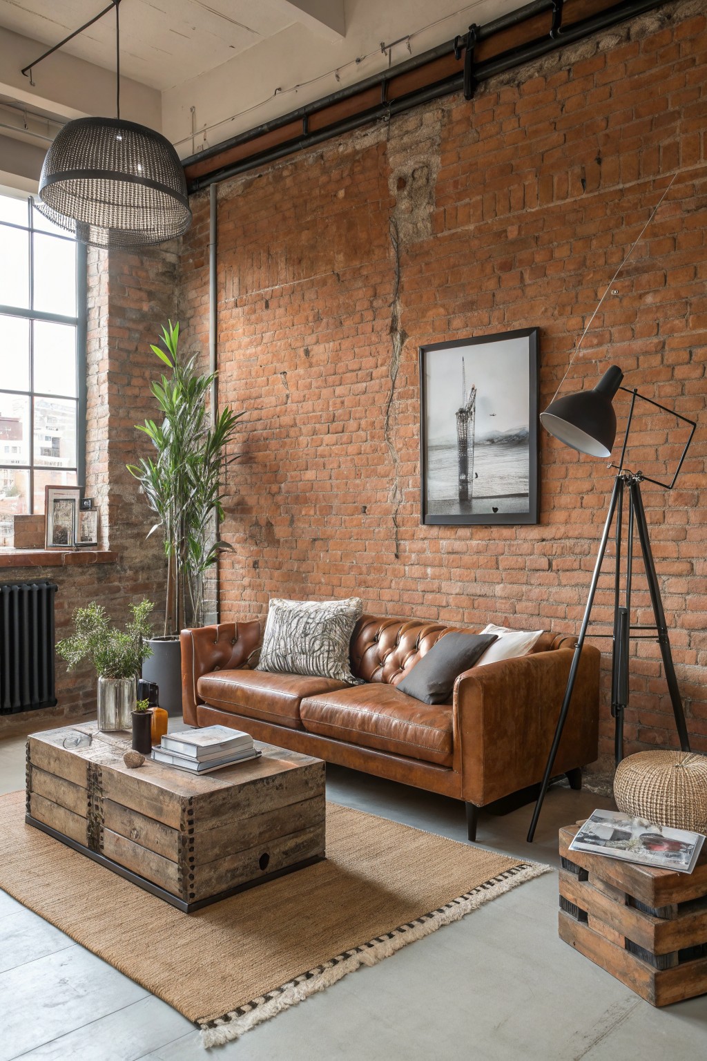 Cozy industrial living room featuring warm exposed brick walls, tan tufted leather sofa, wooden crate coffee table, potted plants, and tripod floor lamp