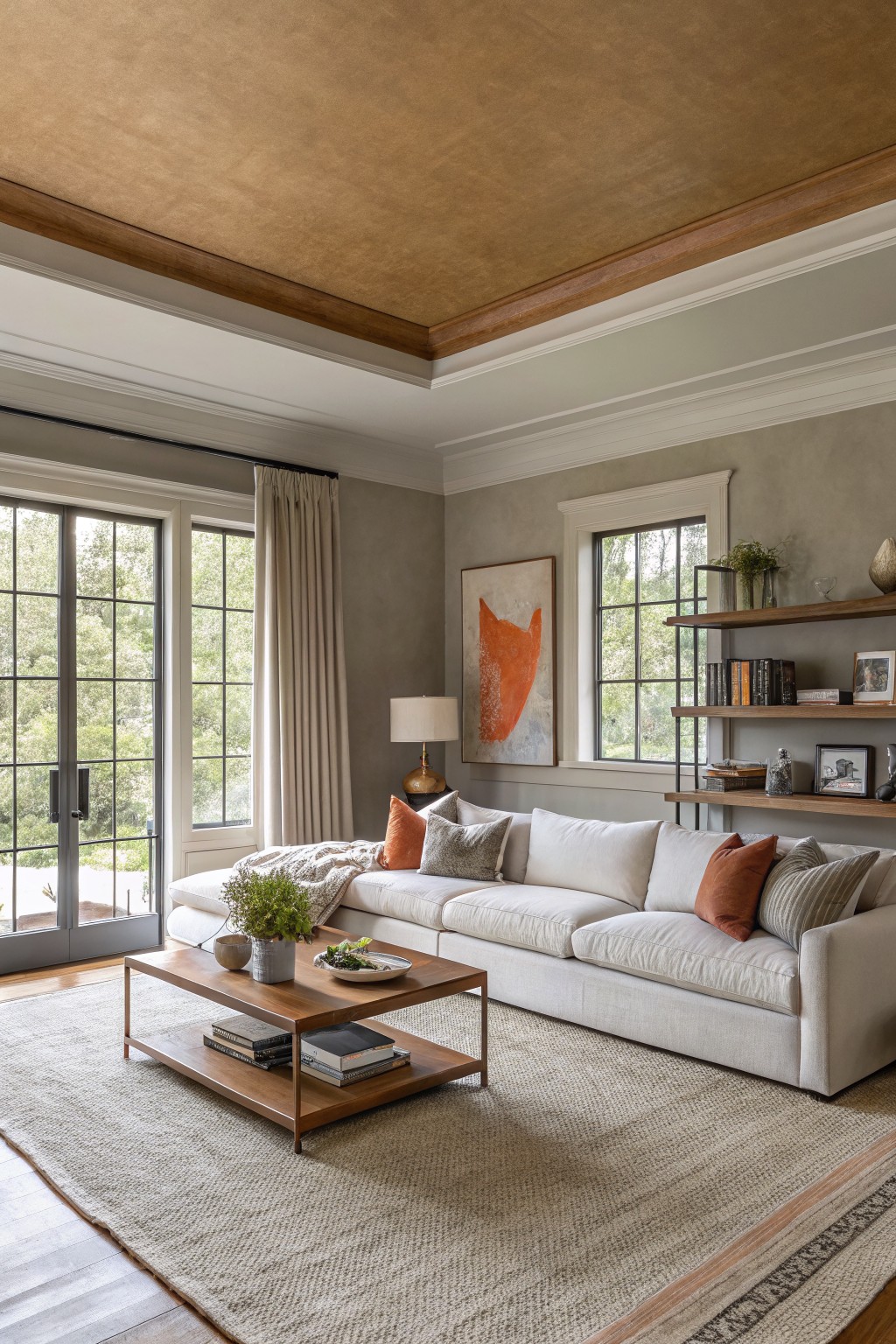 Living room with warm greige walls, white linen sofa, wood coffee table, floating shelves, and French doors to wooded view