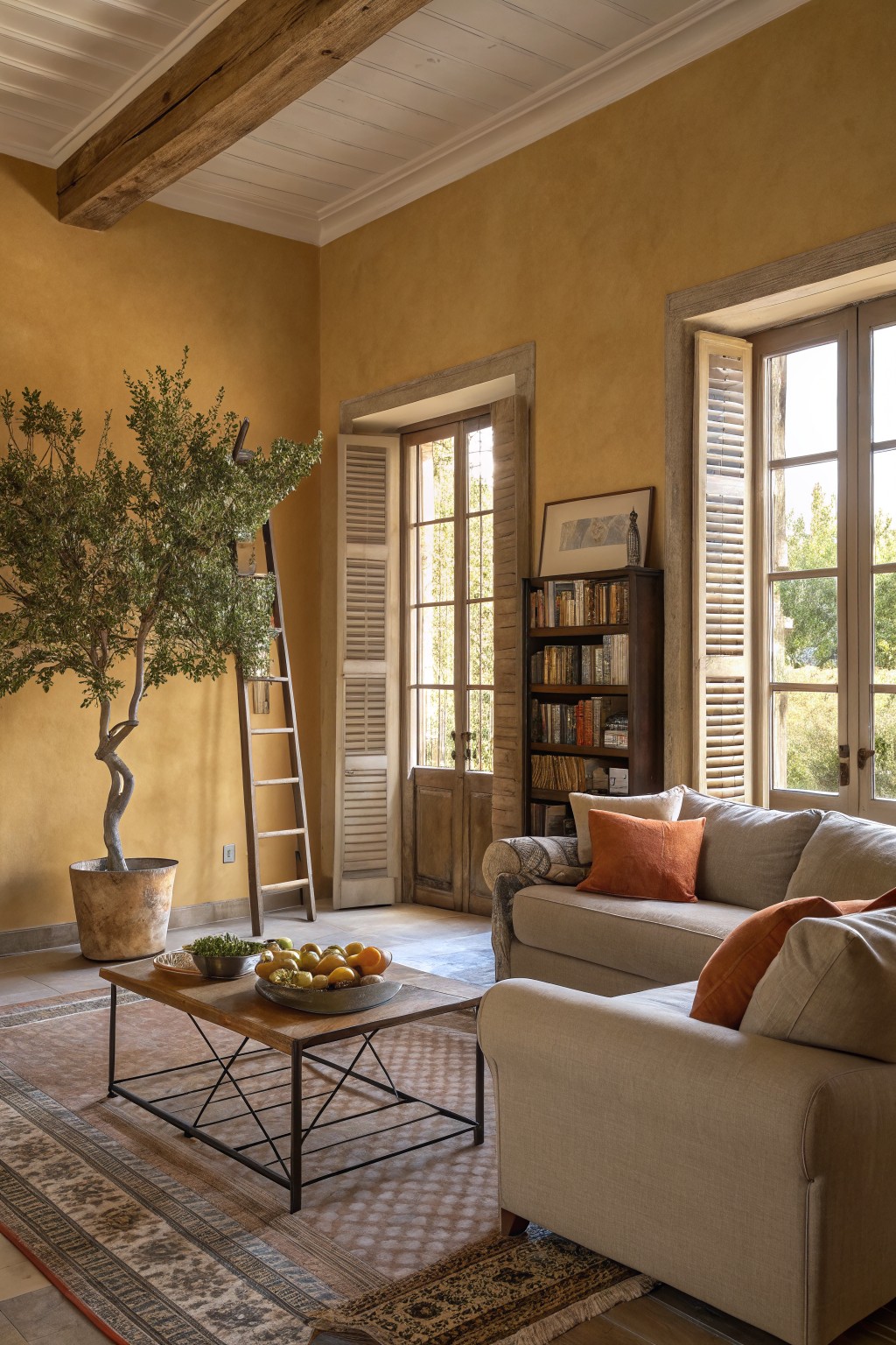 Living room with warm ochre yellow plaster walls, exposed wood beams, olive tree in terracotta pot, wooden ladder, bookshelf, beige sofa with orange pillows, wooden coffee table with fruit bowl, Persian rug, and French doors open to garden light