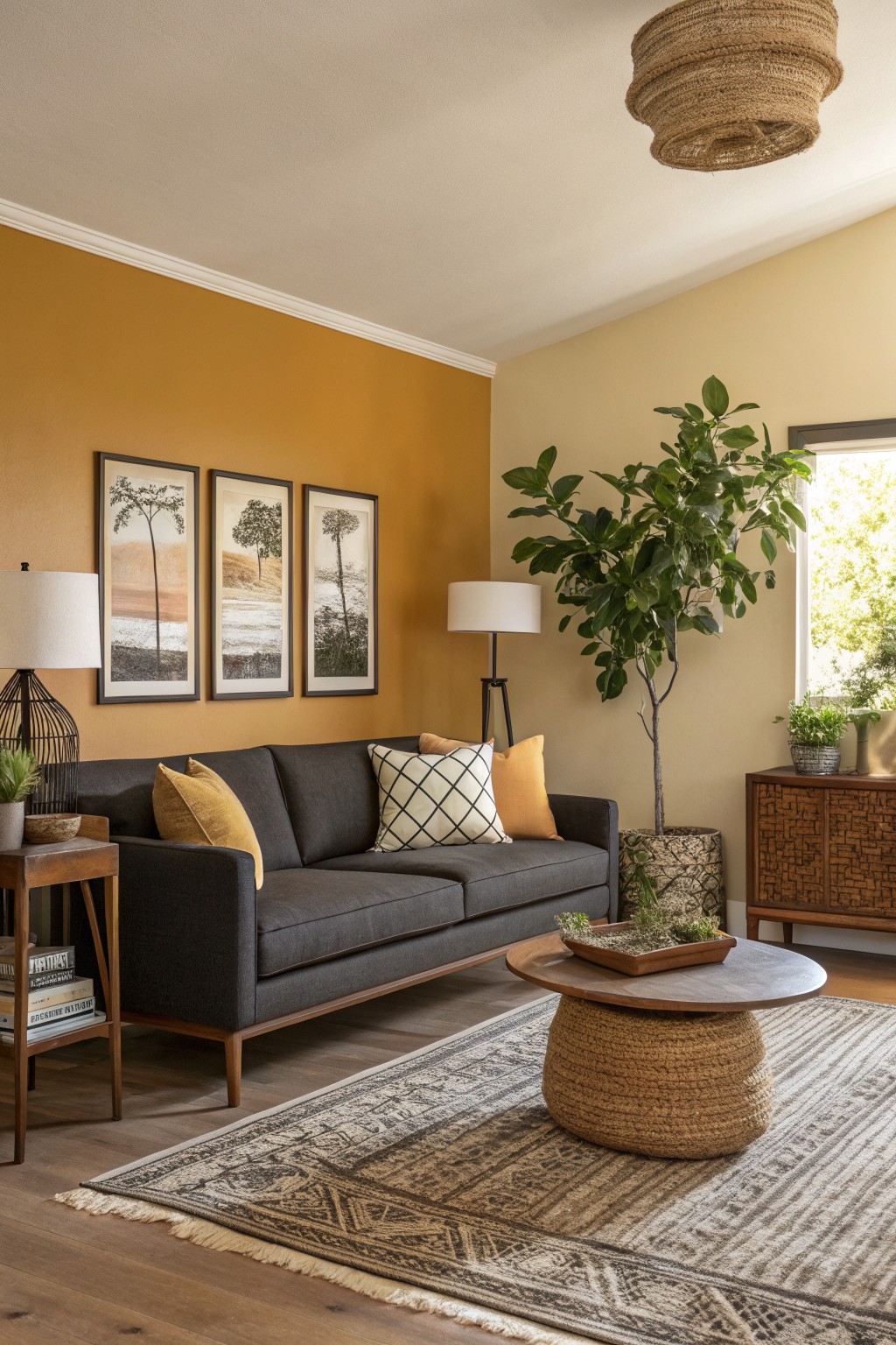 Cozy living room with mustard ochre accent wall, gray sofa, potted plants, and wood side tables on a patterned rug