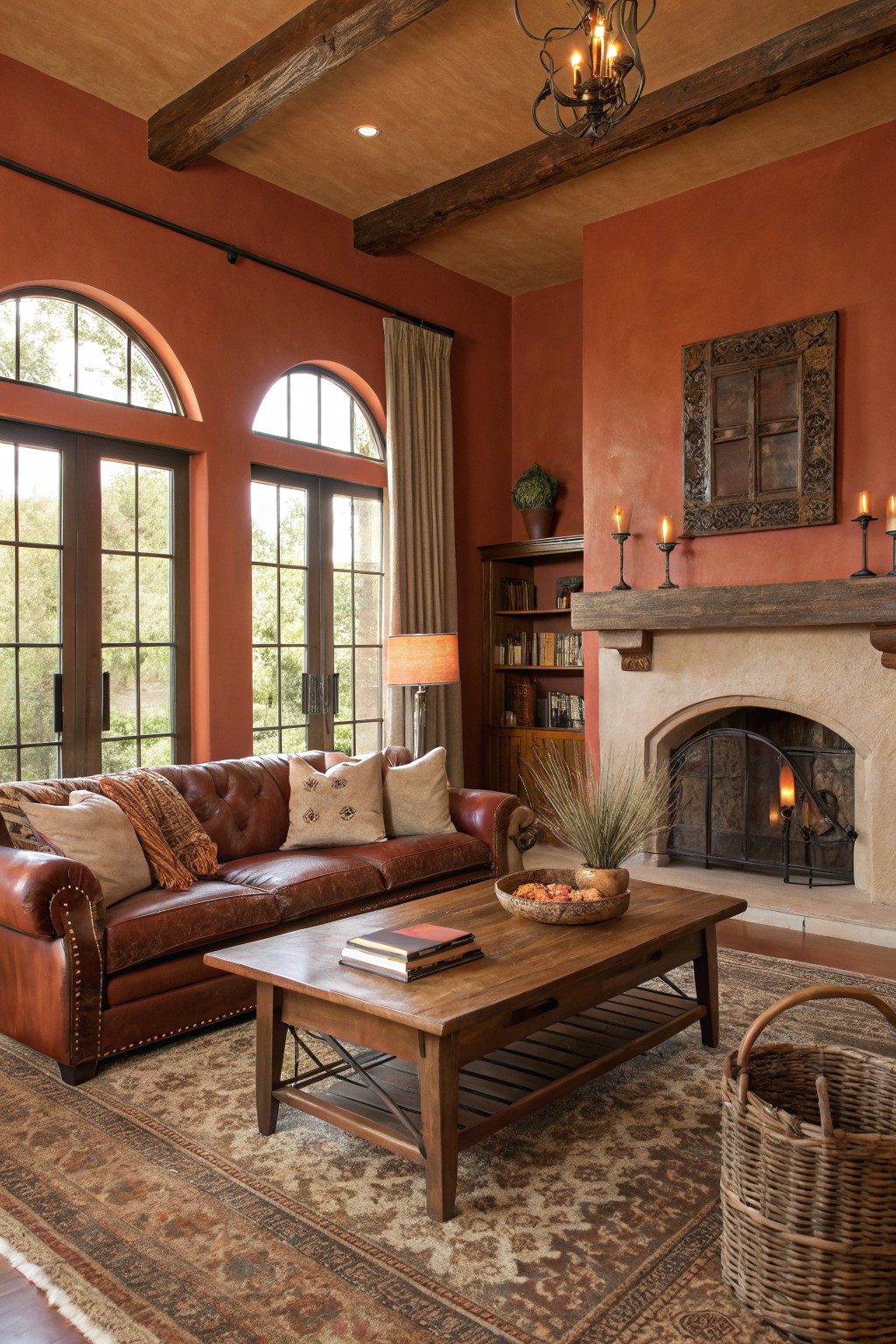 Cozy living room featuring warm terracotta walls, brown leather sofa, wooden beams, arched windows, and a stone fireplace with lit fire