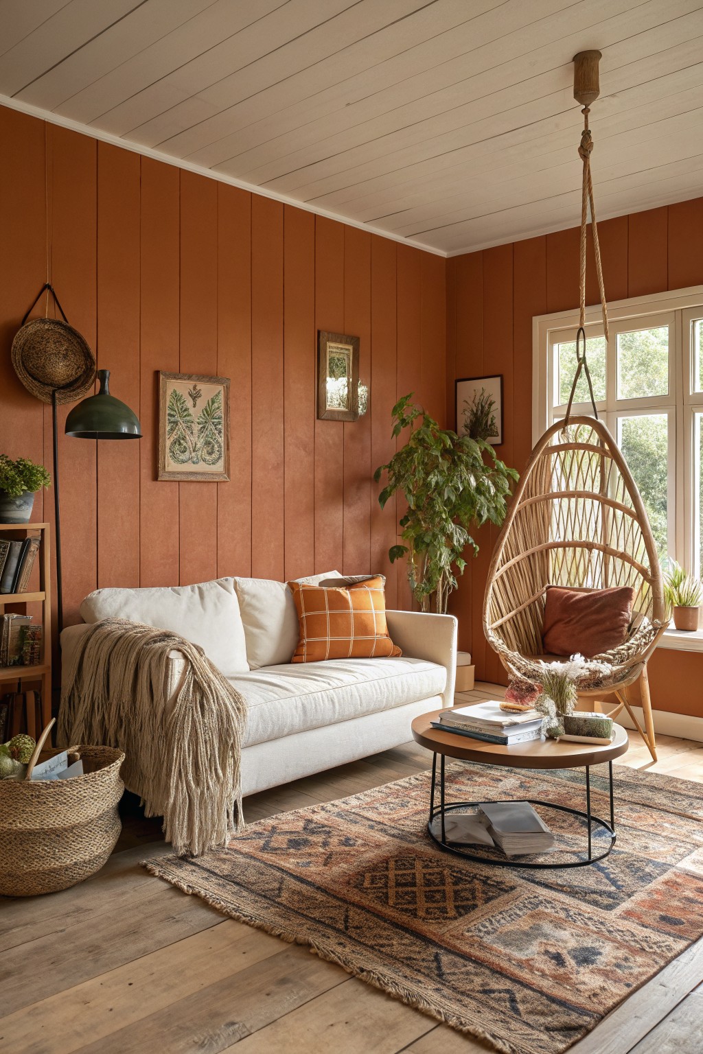 Cozy living room with warm terracotta paneled walls, white sofa with orange pillows, hanging rattan chair, wood floors, plants, and woven rug