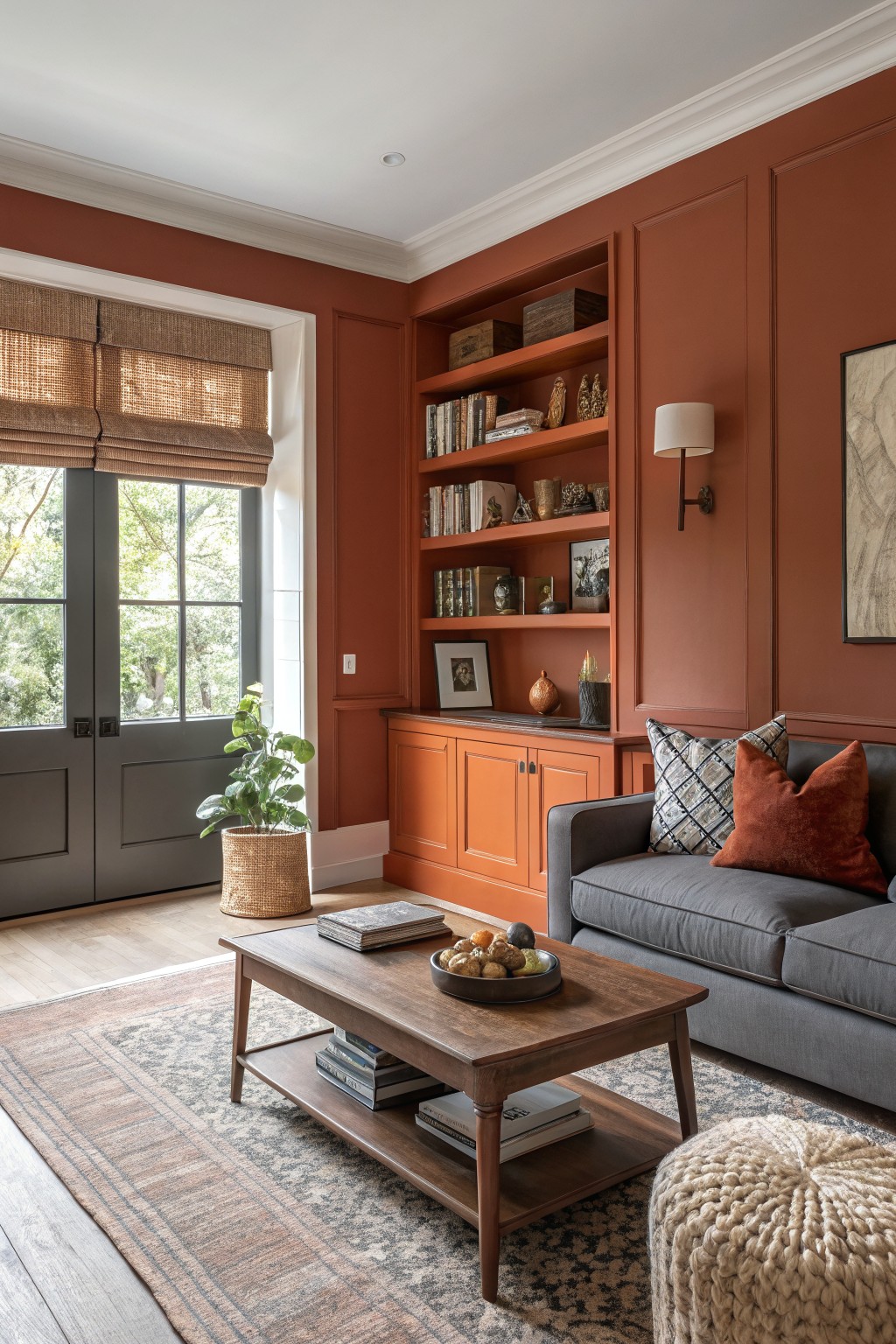 Living room with warm terracotta paneled walls, bright orange built-in bookcases and cabinets, gray sofa, wood coffee table, woven rug, potted plant, and French doors to garden view