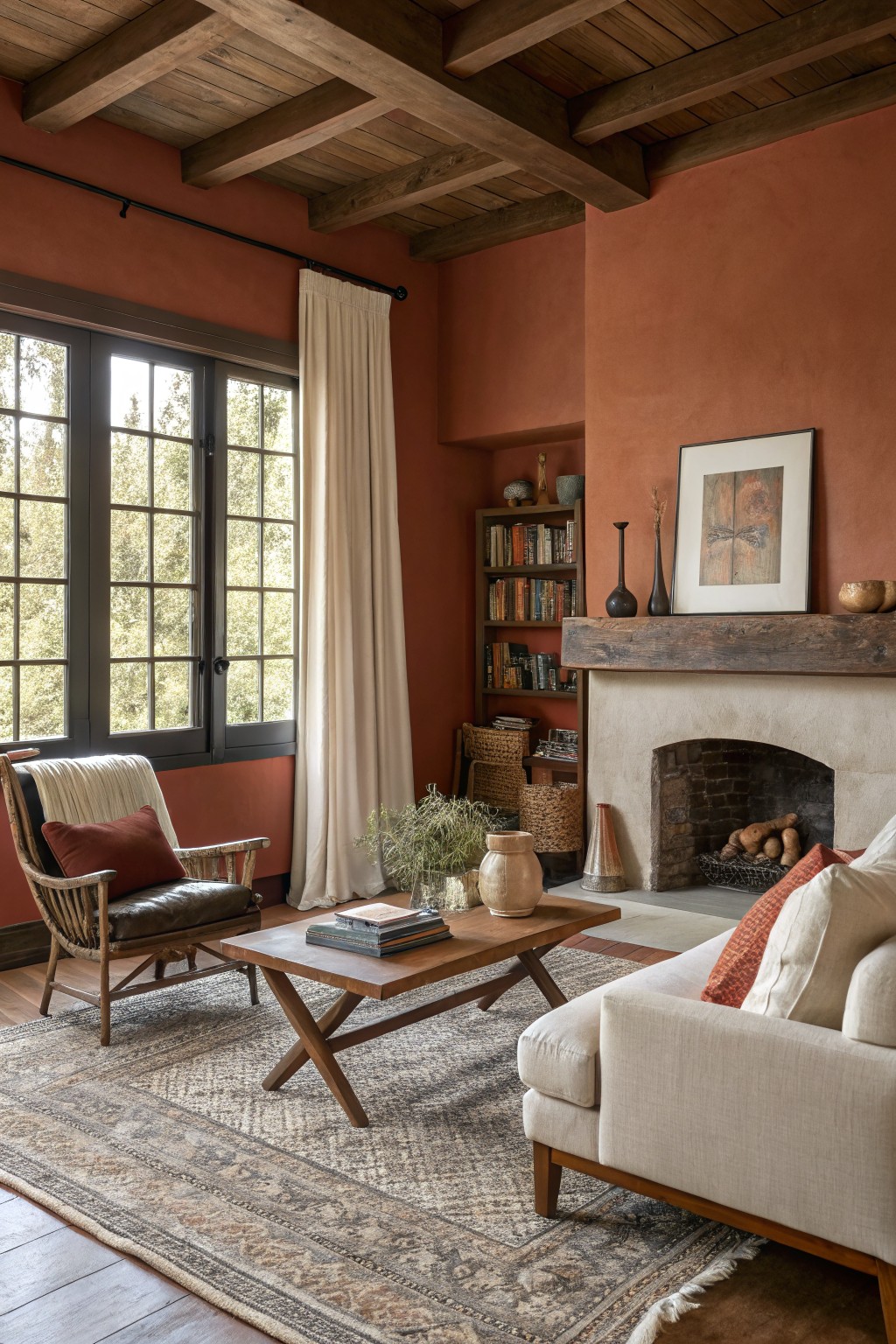 Cozy living room with warm terracotta walls, wooden beams, large windows with cream curtains, rattan chair, beige sofa, woven rug, and stone fireplace with firewood.